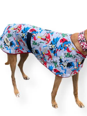 Spring classic style Greyhound coat superheroes design in a sturdy cotton & lush fleece washable