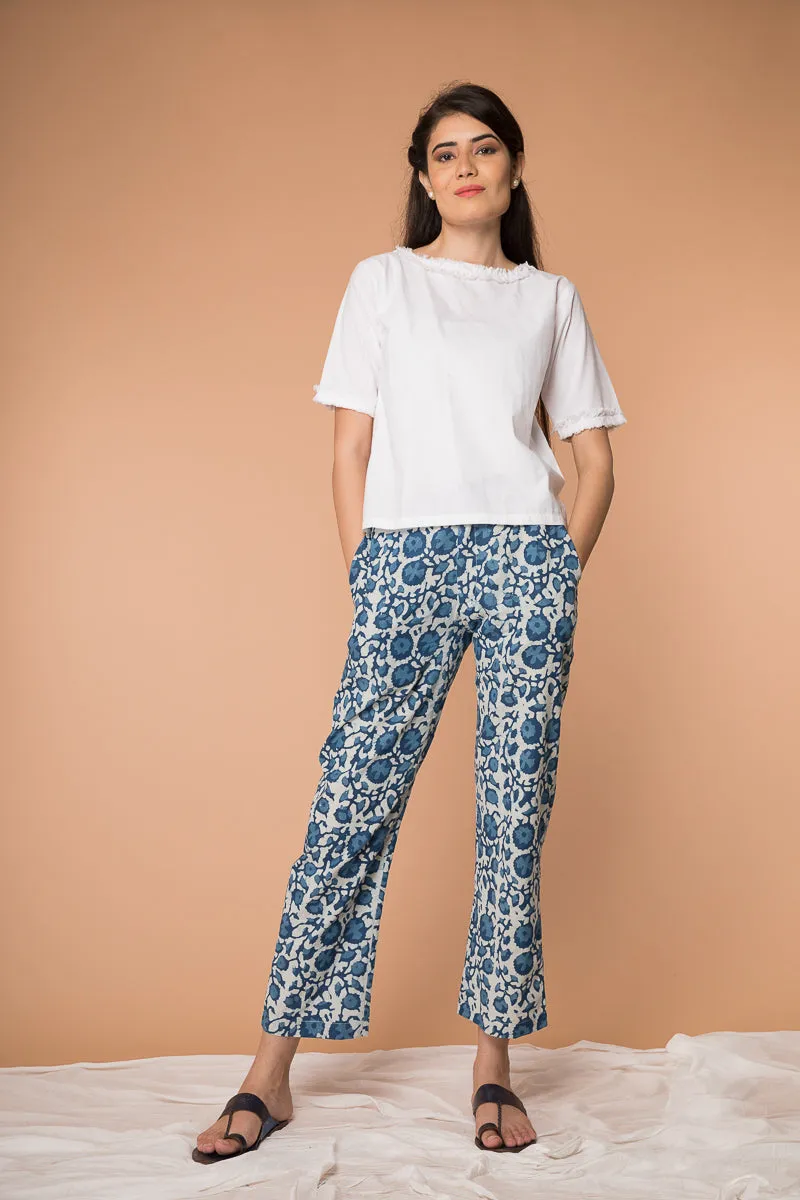 Straight fit Pant in Indigo blue hand block printed cotton