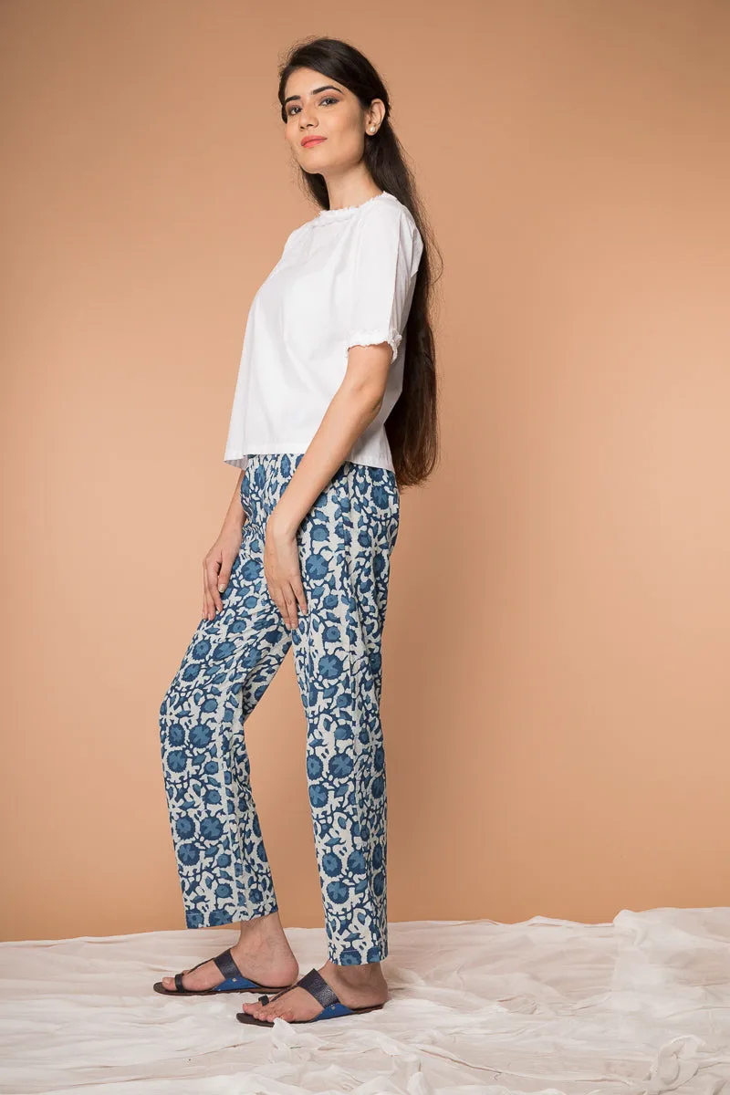 Straight fit Pant in Indigo blue hand block printed cotton