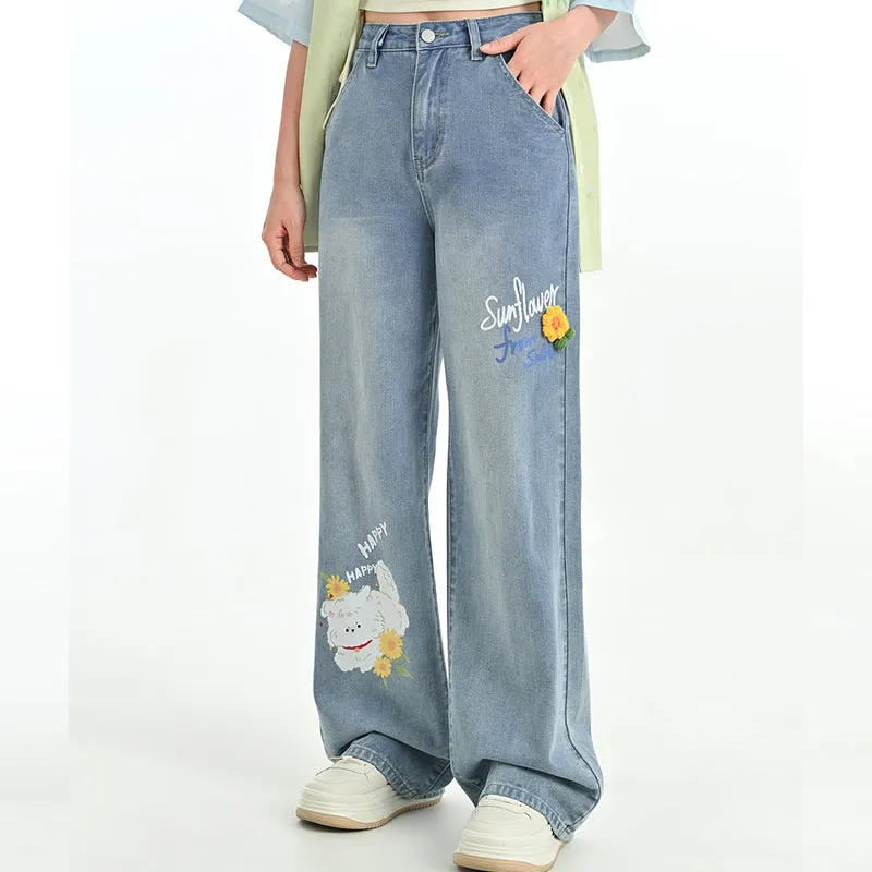 Summer Cartoon Puppy Print Blue High Waist Jeans