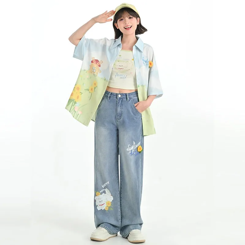 Summer Cartoon Puppy Print Blue High Waist Jeans