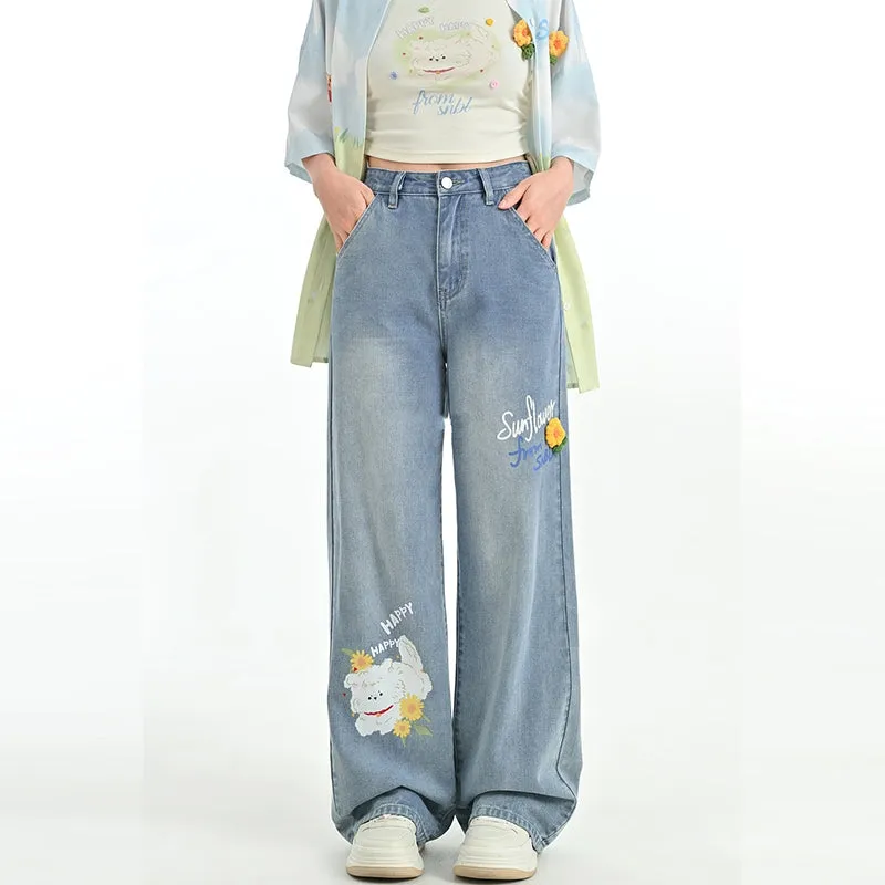 Summer Cartoon Puppy Print Blue High Waist Jeans