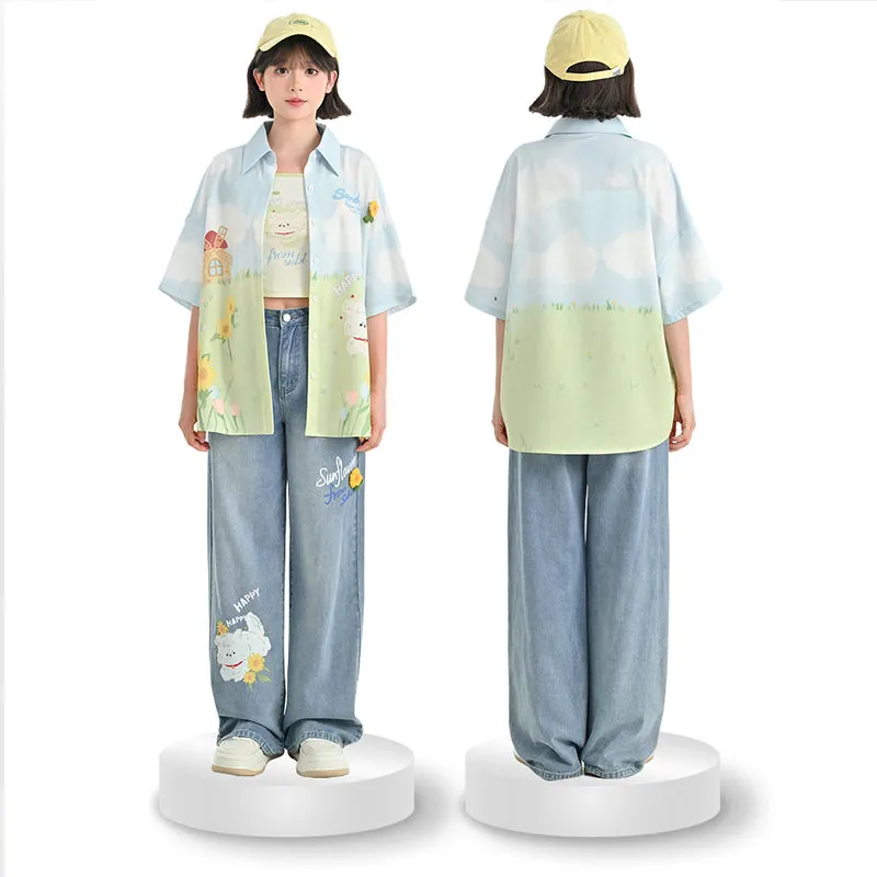 Summer Cartoon Puppy Print Blue High Waist Jeans