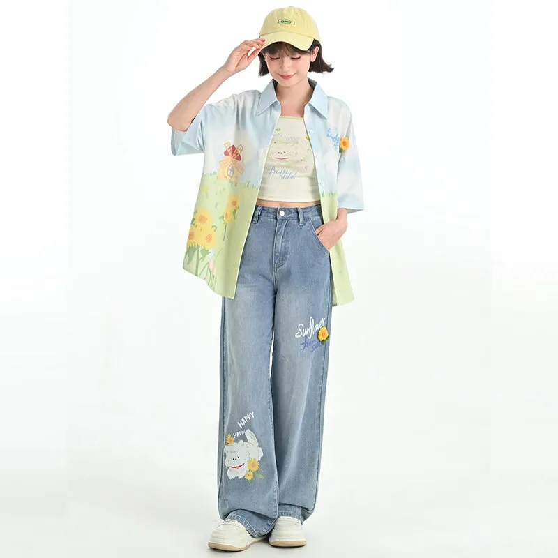 Summer Cartoon Puppy Print Blue High Waist Jeans