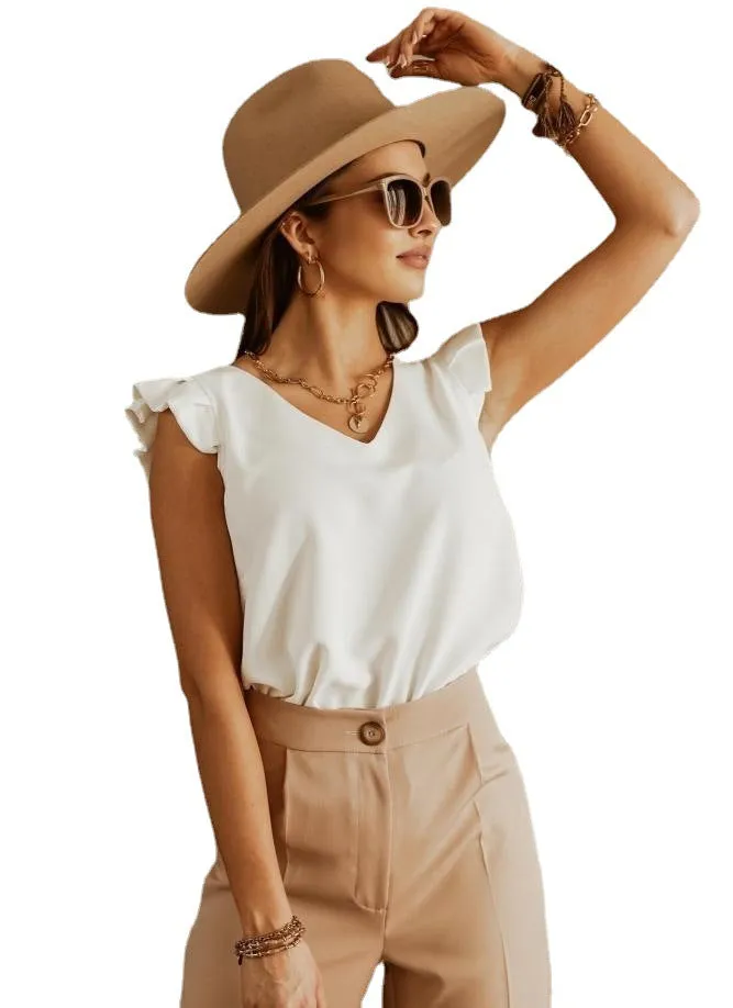 Tank Top Style Blouse with Short Ruffly Sleeves