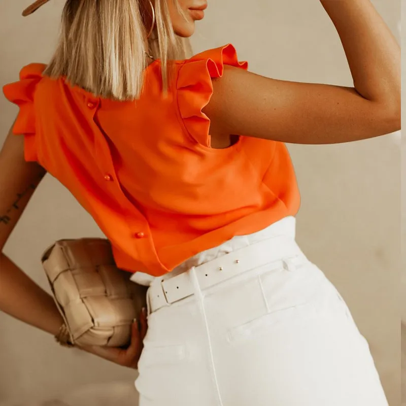 Tank Top Style Blouse with Short Ruffly Sleeves