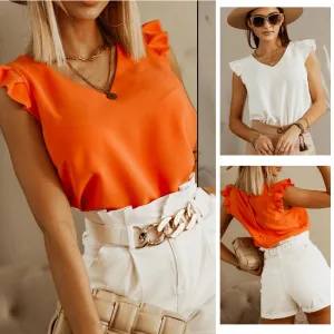 Tank Top Style Blouse with Short Ruffly Sleeves