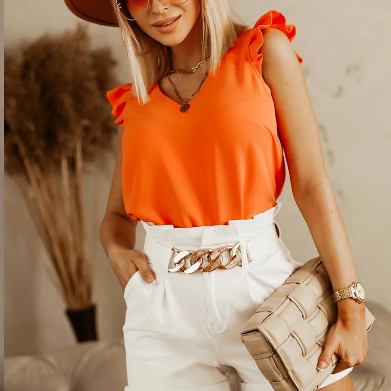 Tank Top Style Blouse with Short Ruffly Sleeves