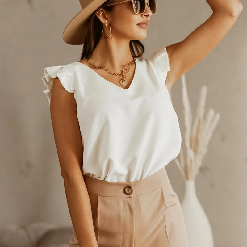 Tank Top Style Blouse with Short Ruffly Sleeves