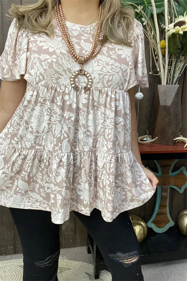 Taupe & White floral baby doll top