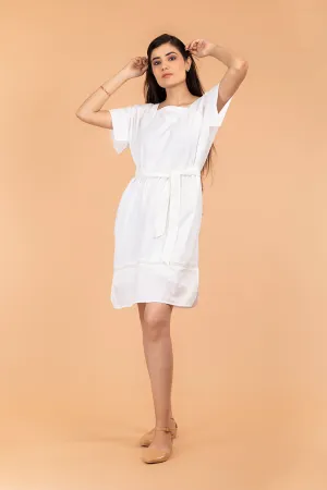 Textured Cotton Boxy Dress with Belt in Off White