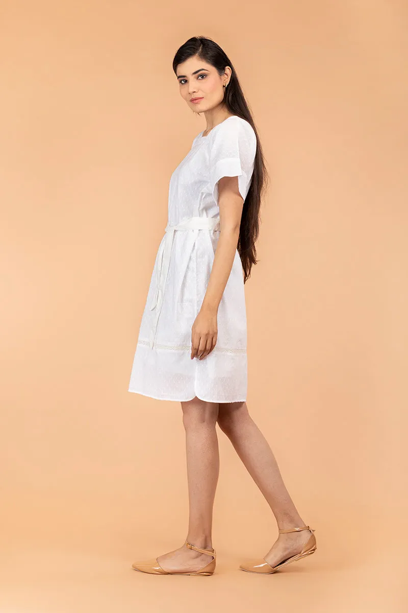 Textured Cotton Boxy Dress with Belt in Off White