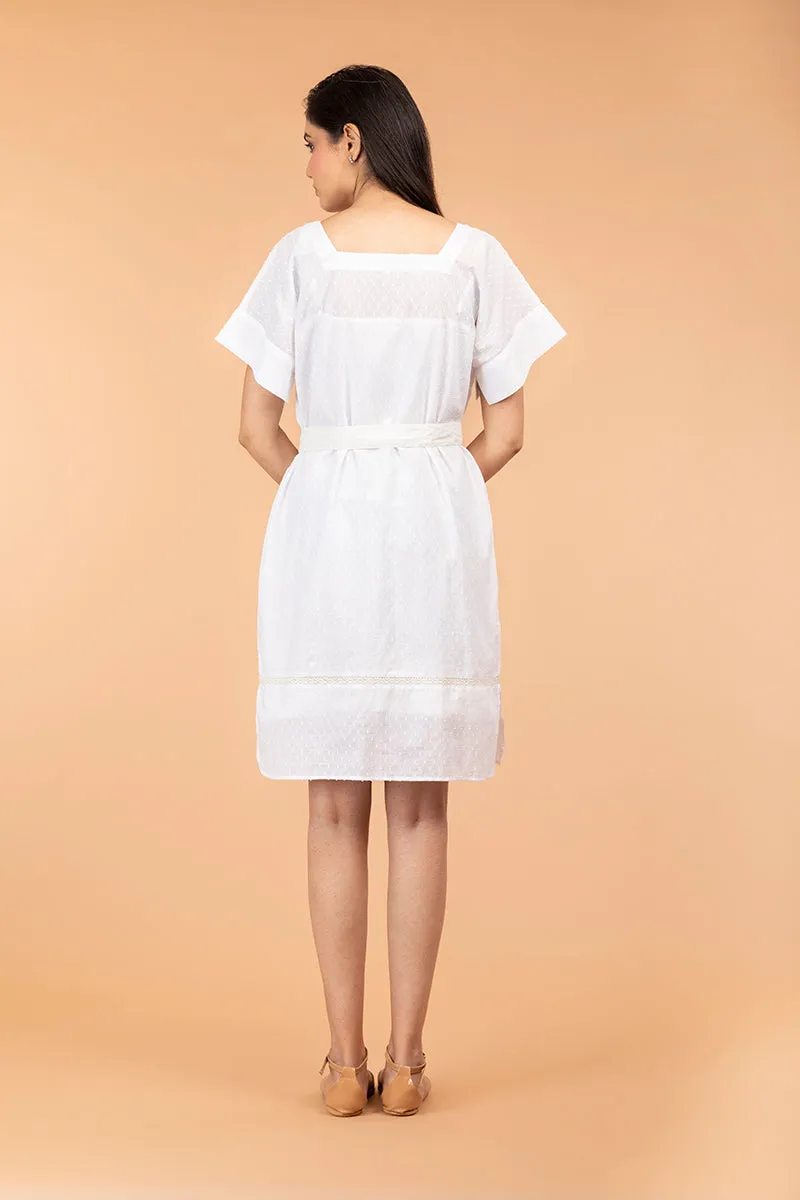 Textured Cotton Boxy Dress with Belt in Off White