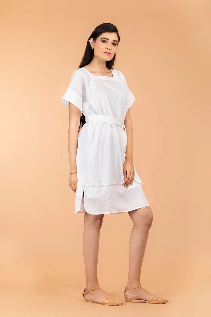 Textured Cotton Boxy Dress with Belt in Off White