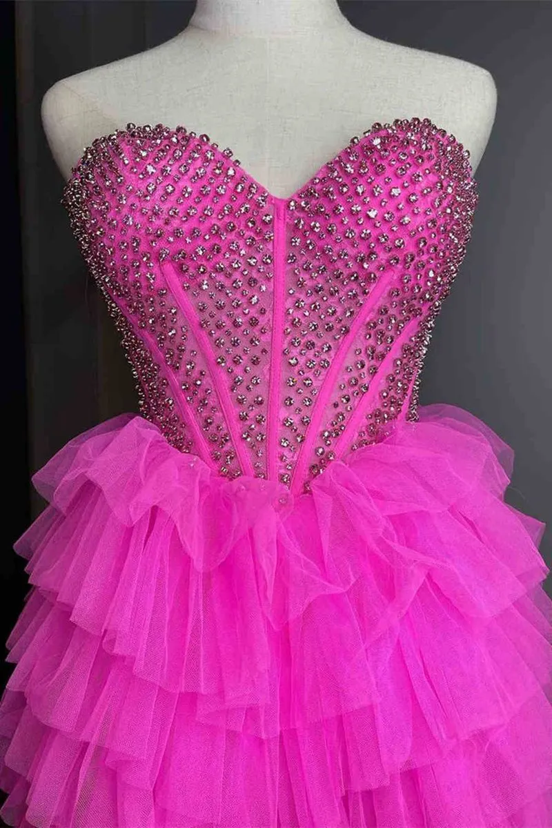 Tulle A-line Tie Sweetheart Beaded High Low Prom Dresses