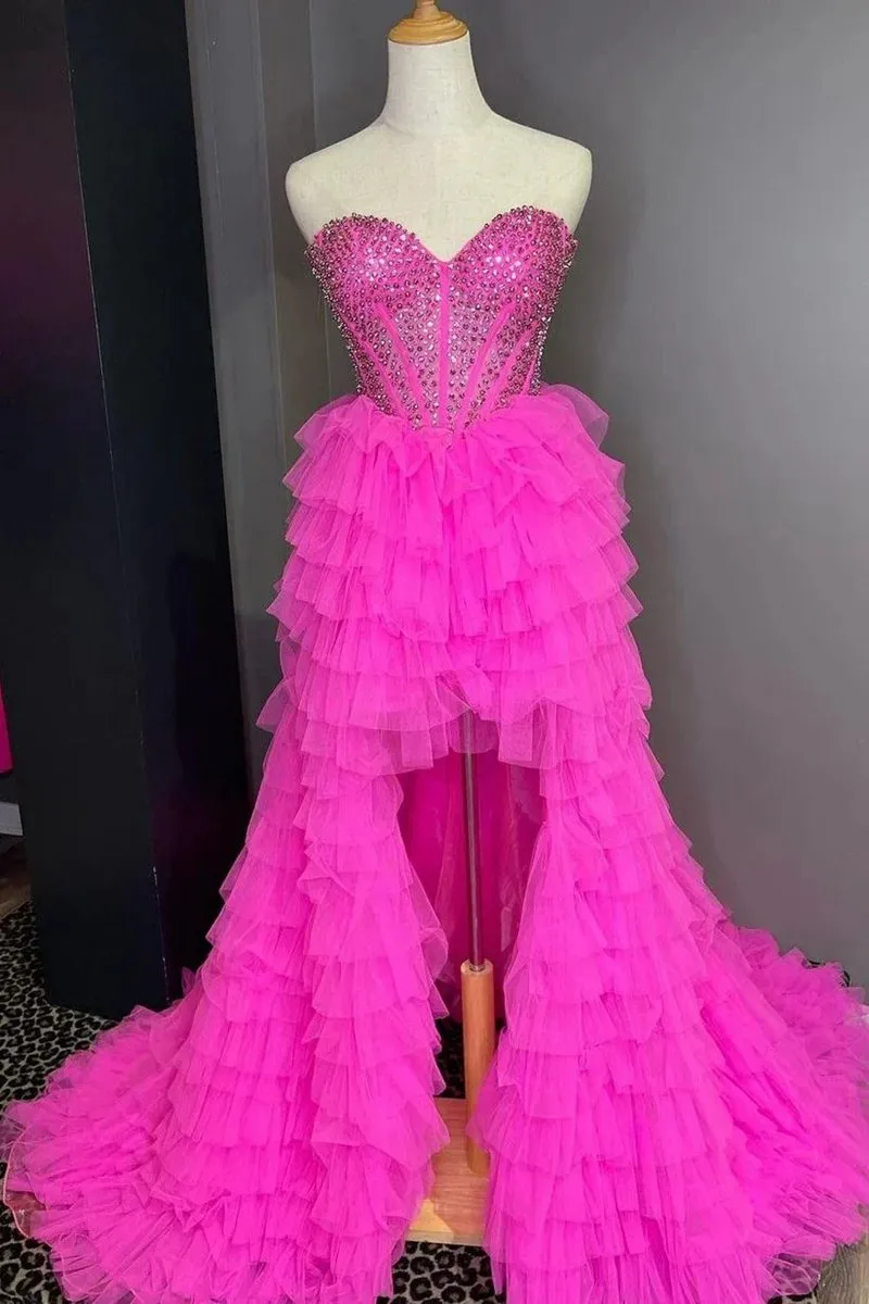 Tulle A-line Tie Sweetheart Beaded High Low Prom Dresses