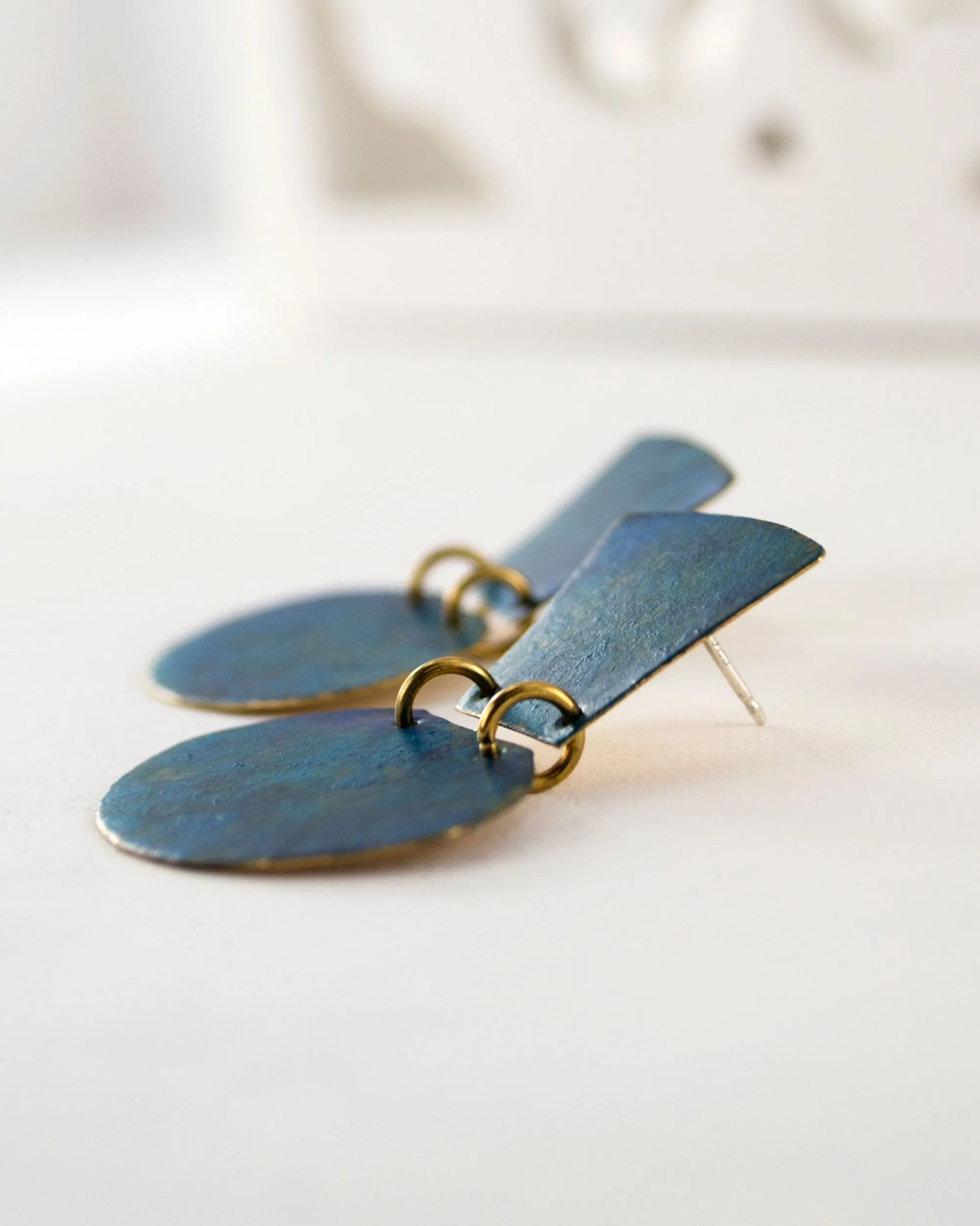 Turquoise blue minimalist earrings with hand cut brass dangles