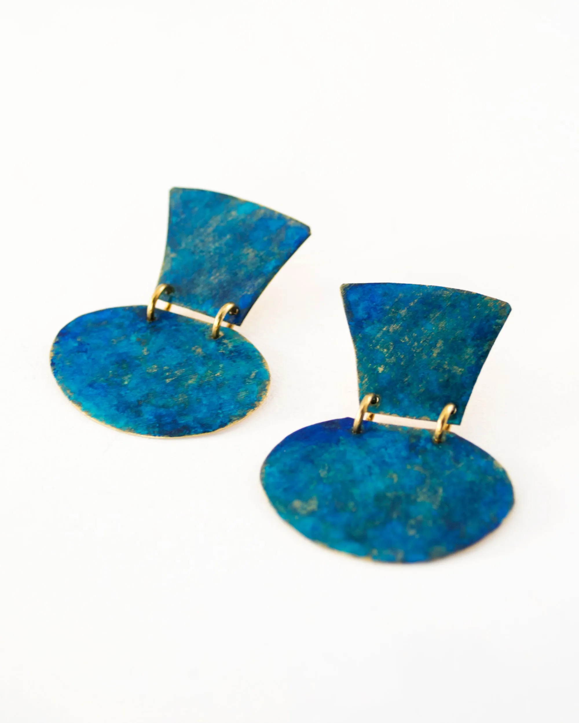 Turquoise blue minimalist earrings with hand cut brass dangles