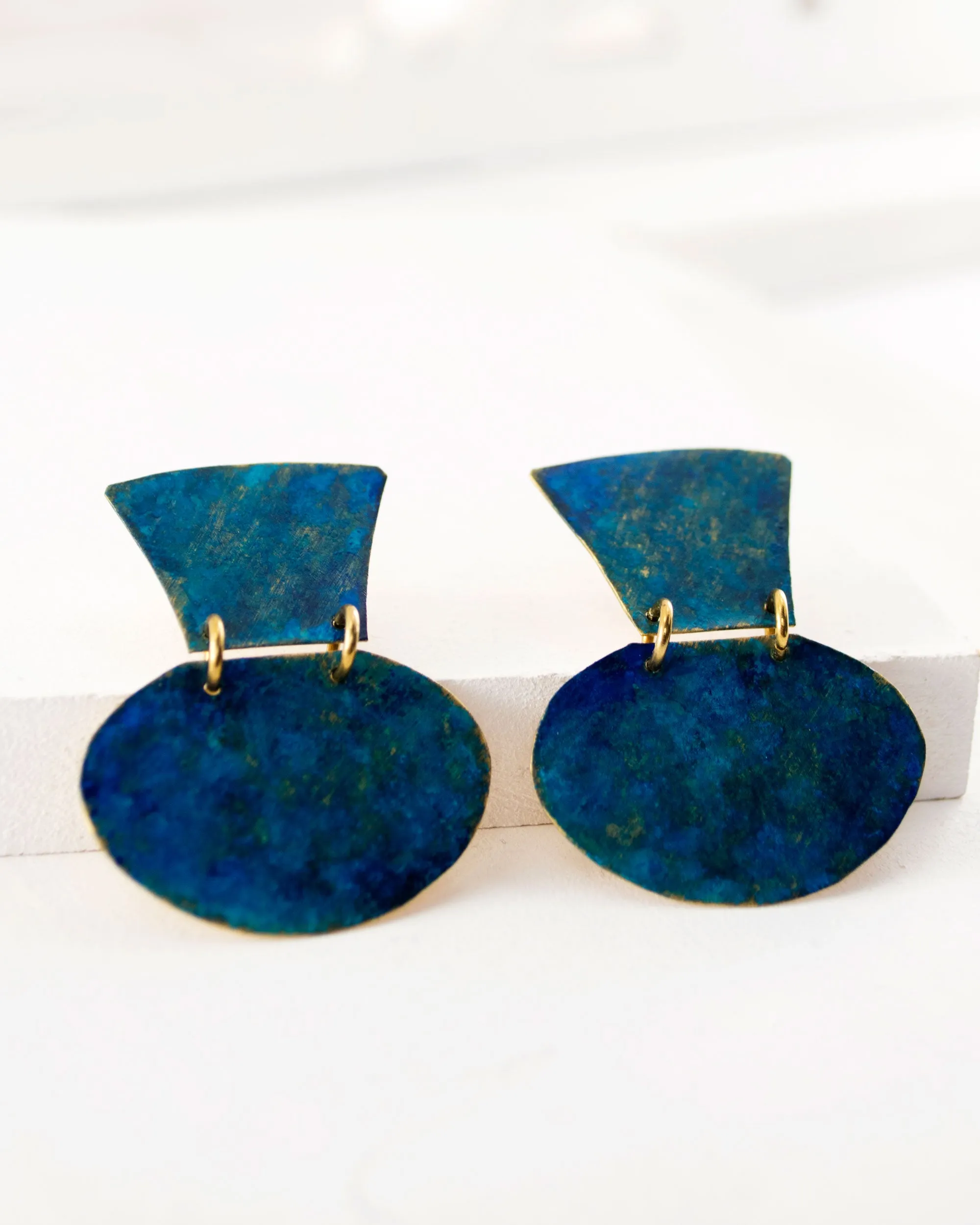 Turquoise blue minimalist earrings with hand cut brass dangles