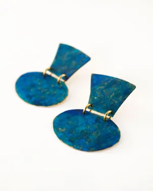 Turquoise blue minimalist earrings with hand cut brass dangles