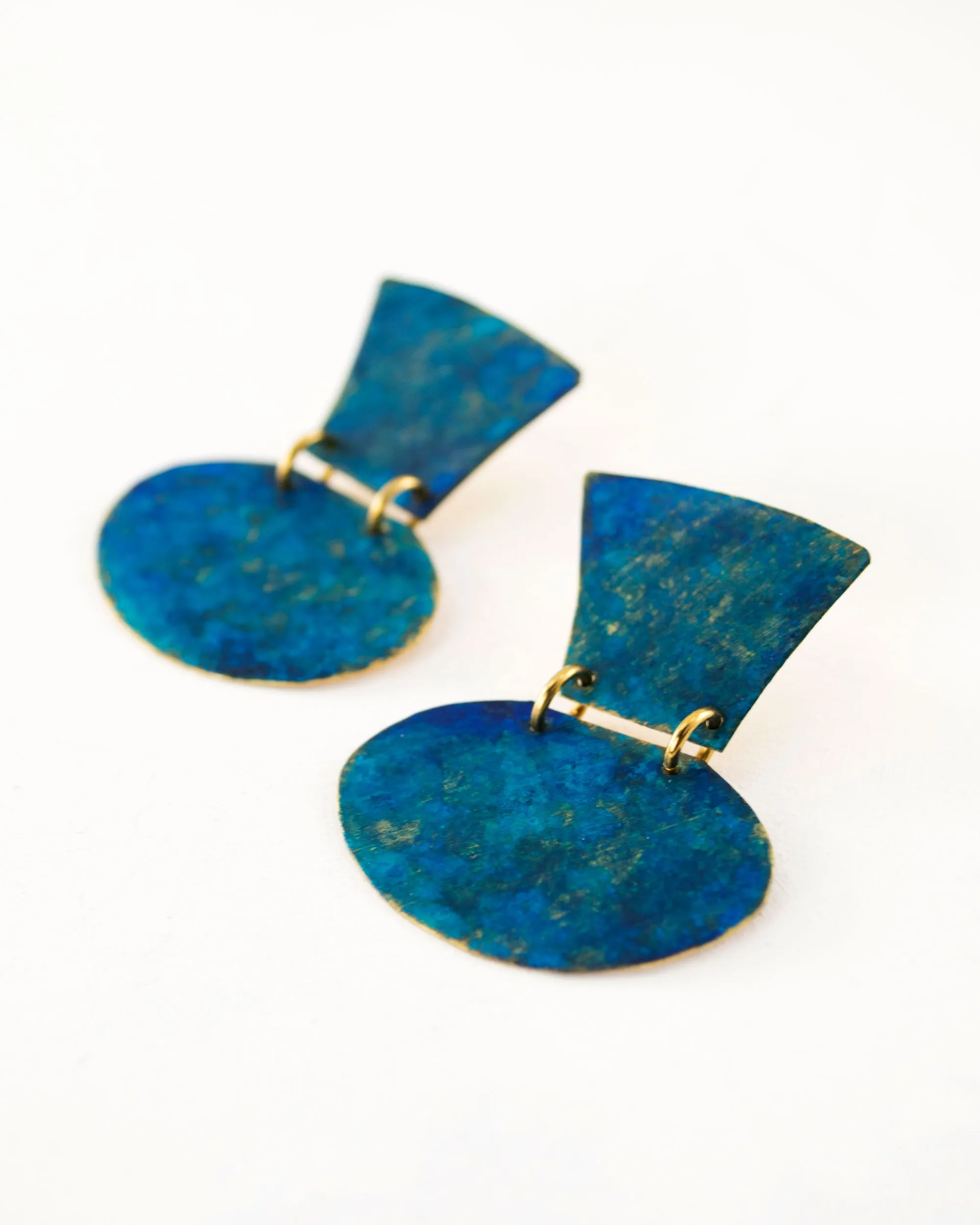 Turquoise blue minimalist earrings with hand cut brass dangles