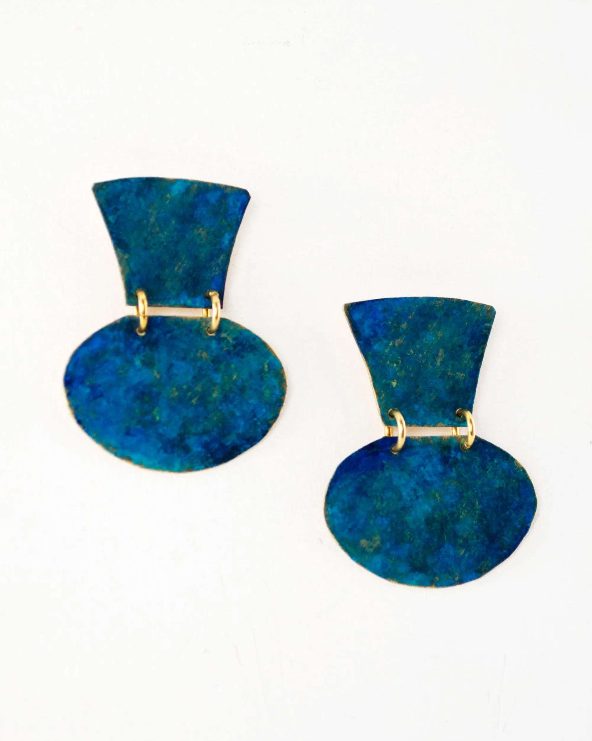 Turquoise blue minimalist earrings with hand cut brass dangles