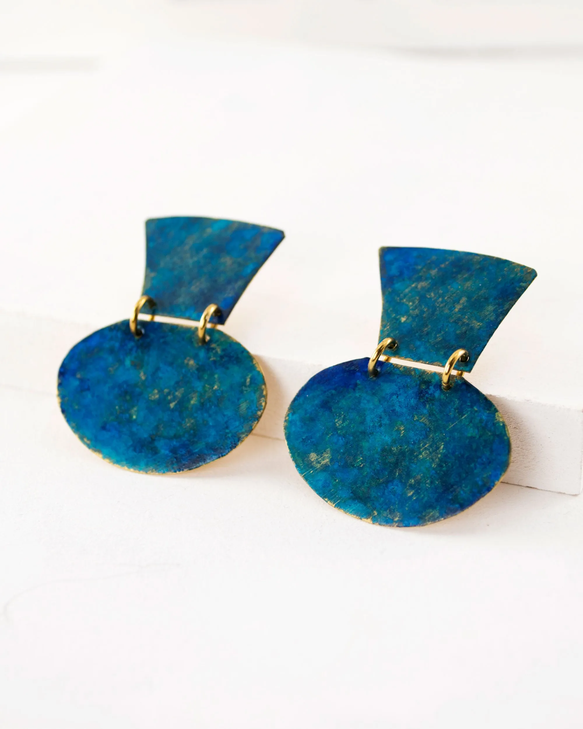 Turquoise blue minimalist earrings with hand cut brass dangles