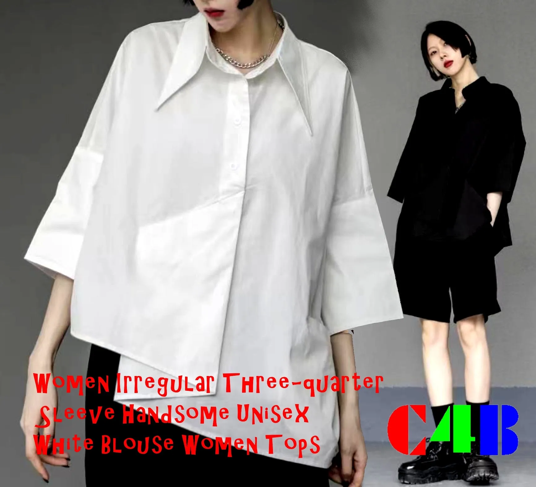 Unique Women Black Chiffon White Shirt Loose Tops