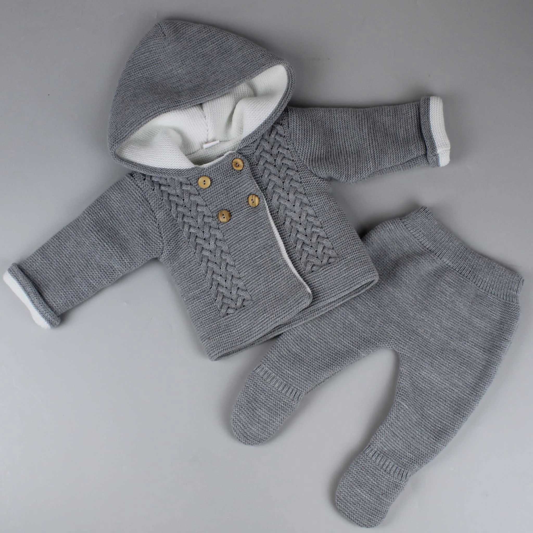 Unisex Grey Knitted Baby Outfit - Jacket with Hood