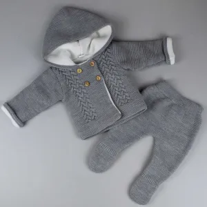 Unisex Grey Knitted Baby Outfit - Jacket with Hood