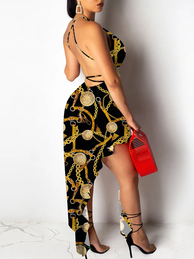 V-Neck Backless Asymmetrical Midi Dress