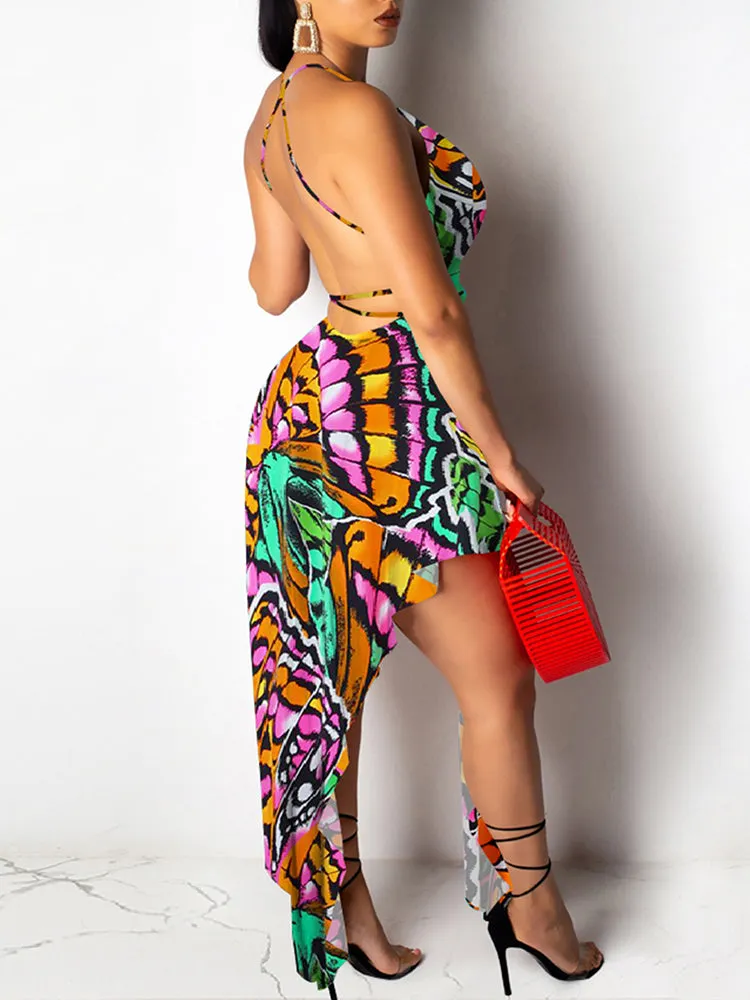 V-Neck Backless Asymmetrical Midi Dress