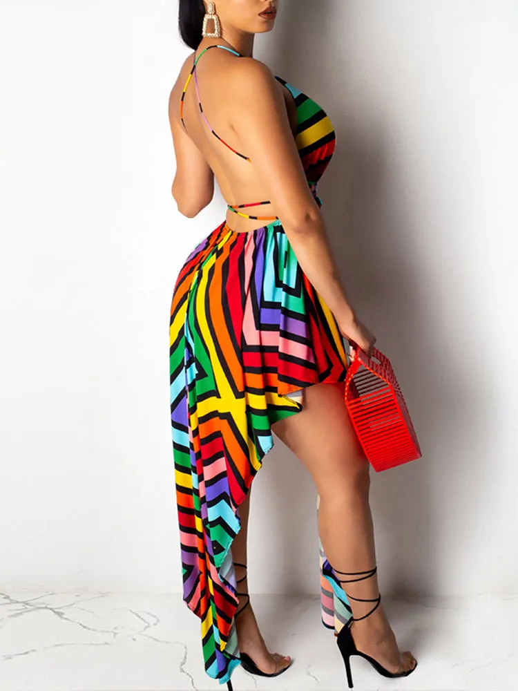 V-Neck Backless Asymmetrical Midi Dress