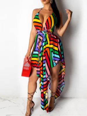 V-Neck Backless Asymmetrical Midi Dress