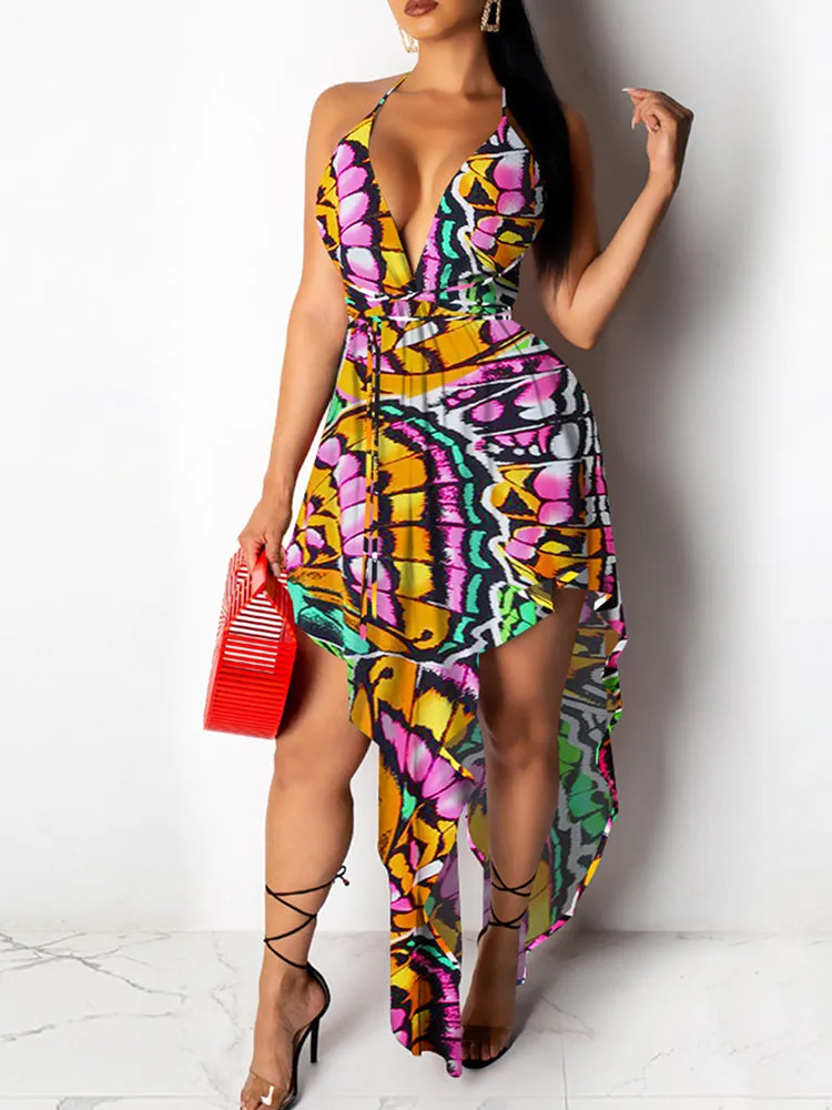 V-Neck Backless Asymmetrical Midi Dress