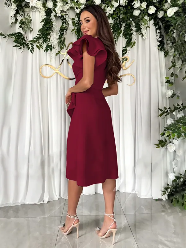 V-Neck Knee-Length Dress with Ruffle Sleeves and Asymmetrical Hem