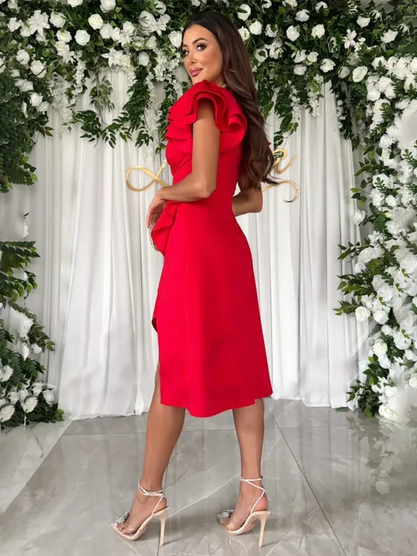 V-Neck Knee-Length Dress with Ruffle Sleeves and Asymmetrical Hem