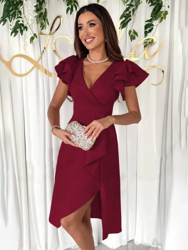 V-Neck Knee-Length Dress with Ruffle Sleeves and Asymmetrical Hem