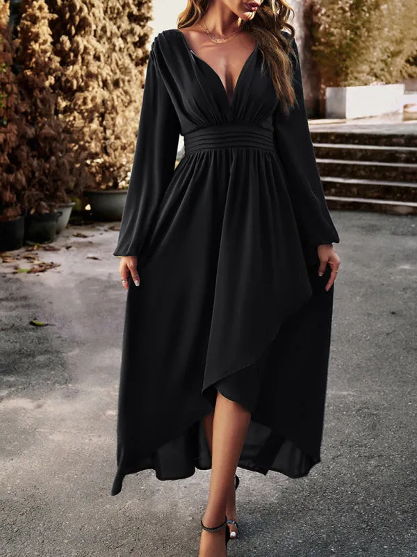 V-neck Long Sleeve Dress with Asymmetrical Hemline and Big Swing