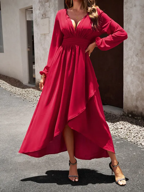 V-neck Long Sleeve Dress with Asymmetrical Hemline and Big Swing