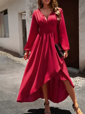 V-neck Long Sleeve Dress with Asymmetrical Hemline and Big Swing
