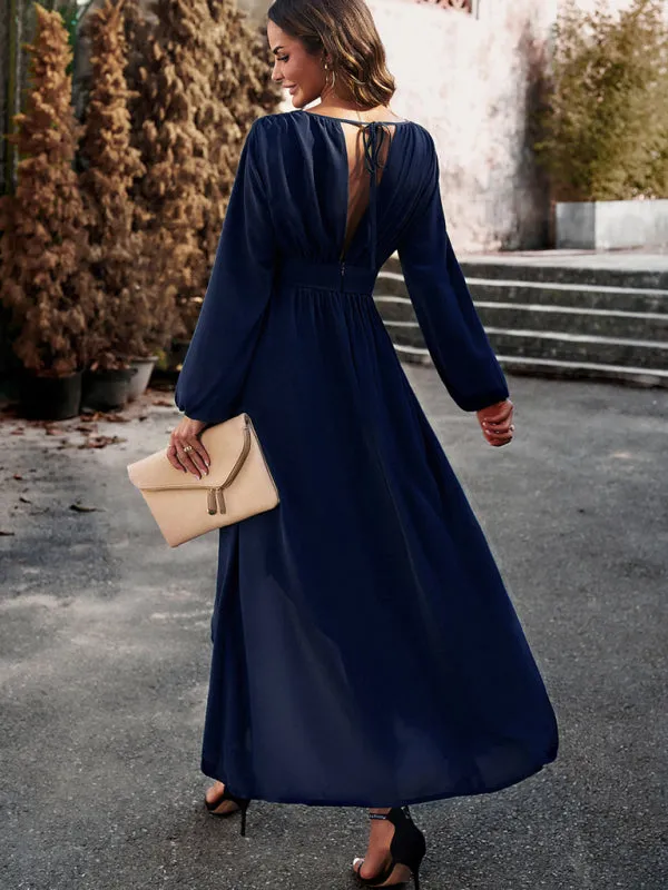 V-neck Long Sleeve Dress with Asymmetrical Hemline and Big Swing