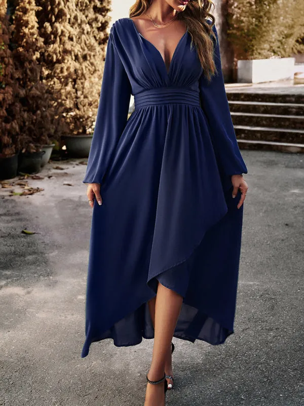 V-neck Long Sleeve Dress with Asymmetrical Hemline and Big Swing