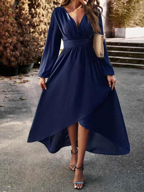 V-neck Long Sleeve Dress with Asymmetrical Hemline and Big Swing