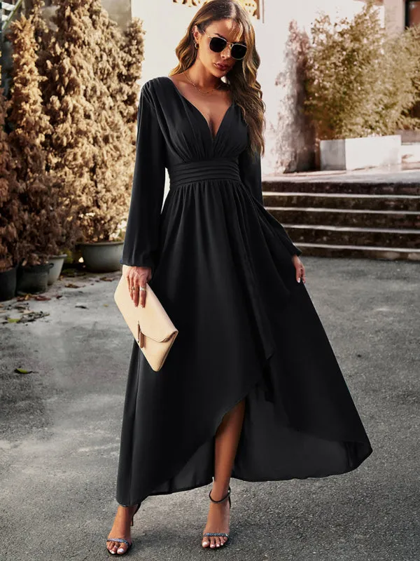 V-neck Long Sleeve Dress with Asymmetrical Hemline and Big Swing