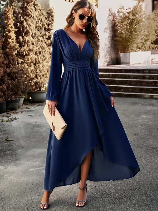 V-neck Long Sleeve Dress with Asymmetrical Hemline and Big Swing