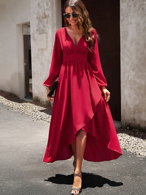 V-neck Long Sleeve Dress with Asymmetrical Hemline and Big Swing