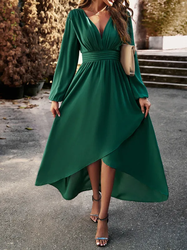 V-neck Long Sleeve Dress with Asymmetrical Hemline and Big Swing
