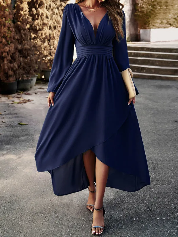 V-neck Long Sleeve Dress with Asymmetrical Hemline and Big Swing