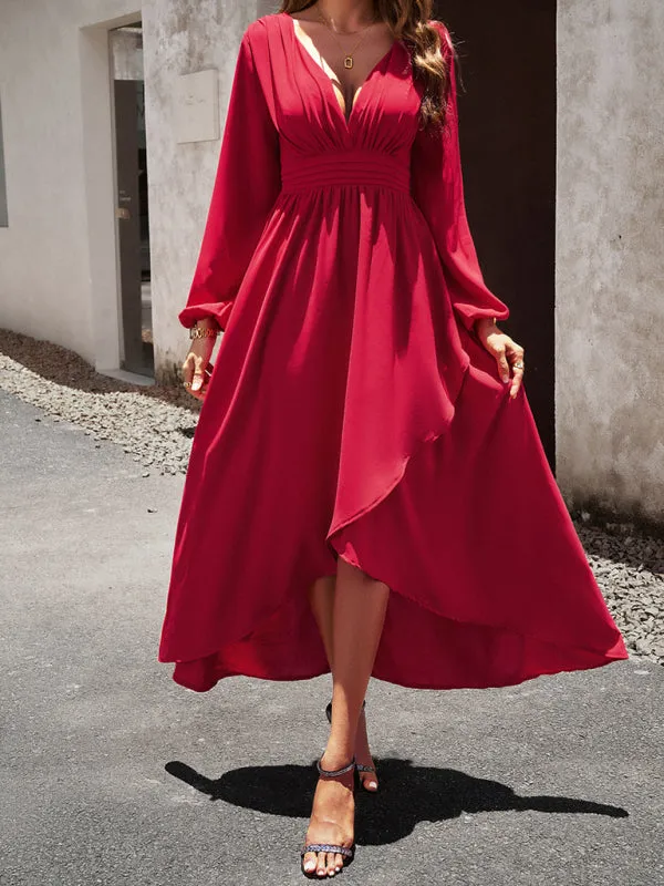 V-neck Long Sleeve Dress with Asymmetrical Hemline and Big Swing